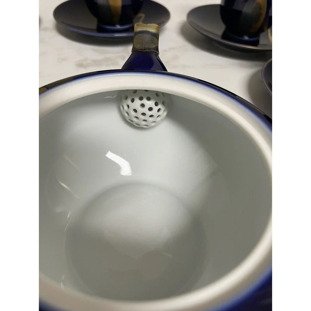Vintage  Fukagawa Arita Cobalt Blue Gold Cranes Teapot‎ 5 Cups/5 Sm Plates